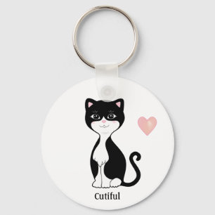 Cute Tuxedo Cat and Heart Key Ring