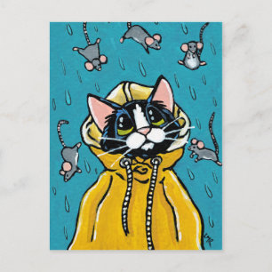 Cute Tuxedo Cat and Raining Mice Illustration Postcard