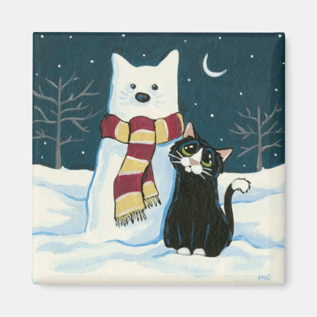Cute Tuxedo Cat and Snowman Painting Magnet (Front)
