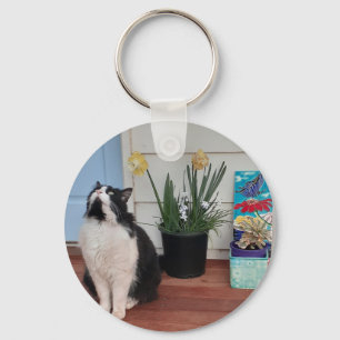 Cute Tuxedo Cat Black White Cats Floral Daffodil   Key Ring