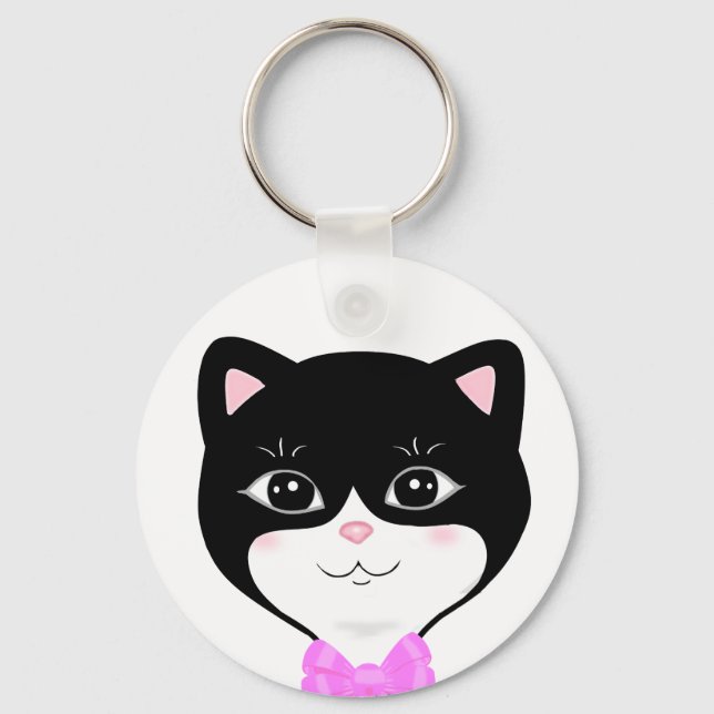 Cute Tuxedo Cat Face Key Ring (Front)