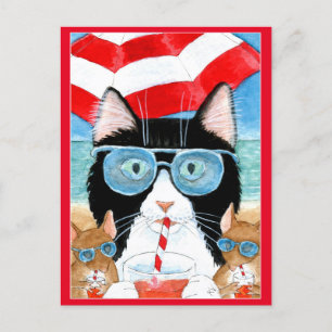 Cute Tuxedo Cat Mouse beach summer vacation Postcard