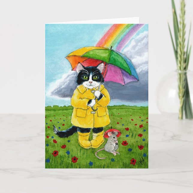 Cute tuxedo cat, mouse, rainbow umbrella card (Front)