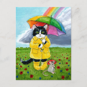 Cute tuxedo cat, mouse, with rainbow umbrella postcard
