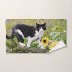 Cute tuxedo cat on a tree branch with sunflowers - bath towel set