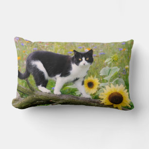 Cute tuxedo cat on a tree branch with sunflowers lumbar cushion
