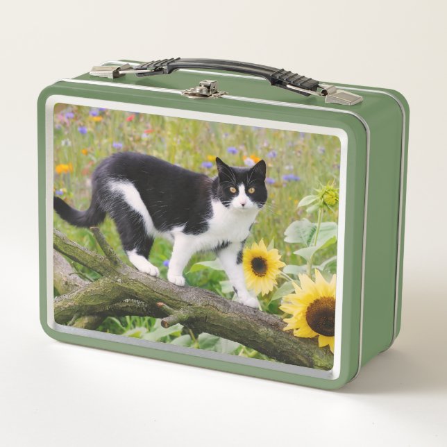 Cute tuxedo cat on a tree branch with sunflowers - metal lunch box (Front)