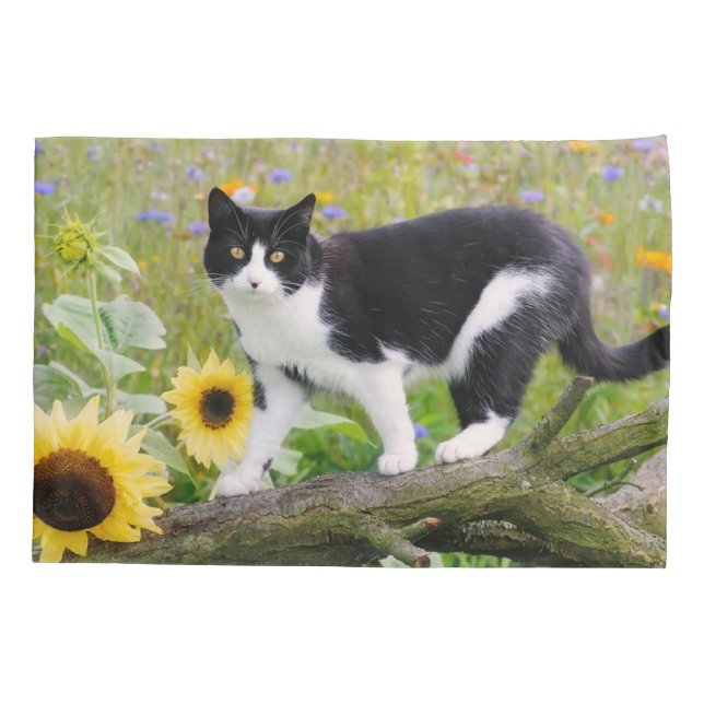 Cute tuxedo cat on a tree branch with sunflowers - pillowcase (Back)