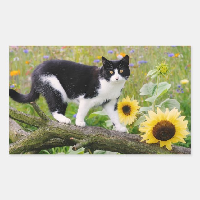 Cute tuxedo cat on a tree branch with sunflowers - rectangular sticker (Front)