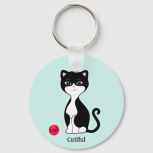 Cute Tuxedo Cat on Light Blue Key Ring