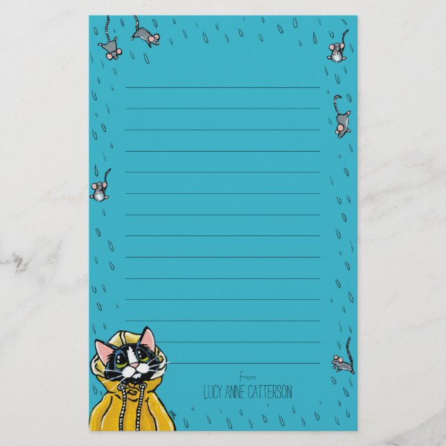 Cute Tuxedo Cat & Raining Mice Lined Personalised Stationery (Front)