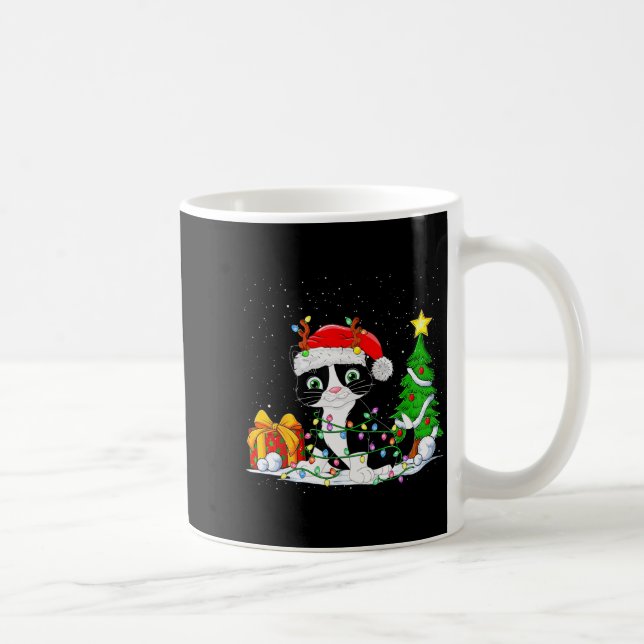 Cute Tuxedo Cat Santa Christmas Tree Lights Xmas T Coffee Mug (Right)