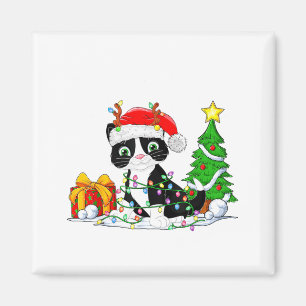 Cute Tuxedo Cat Santa Christmas Tree Lights Xmas T Magnet