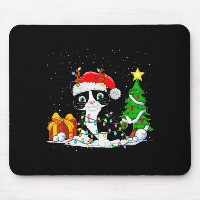 Cute Tuxedo Cat Santa Christmas Tree Lights Xmas T Mouse Pad (Front)