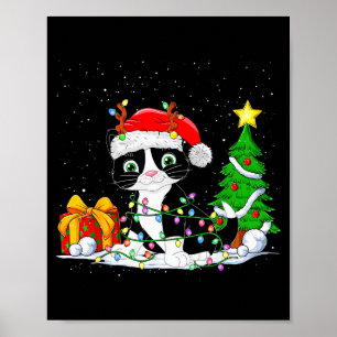 Cute Tuxedo Cat Santa Christmas Tree Lights Xmas T Poster