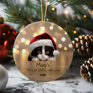 Cute Tuxedo Cat Santa Hat Gold Personalised Ceramic Ornament