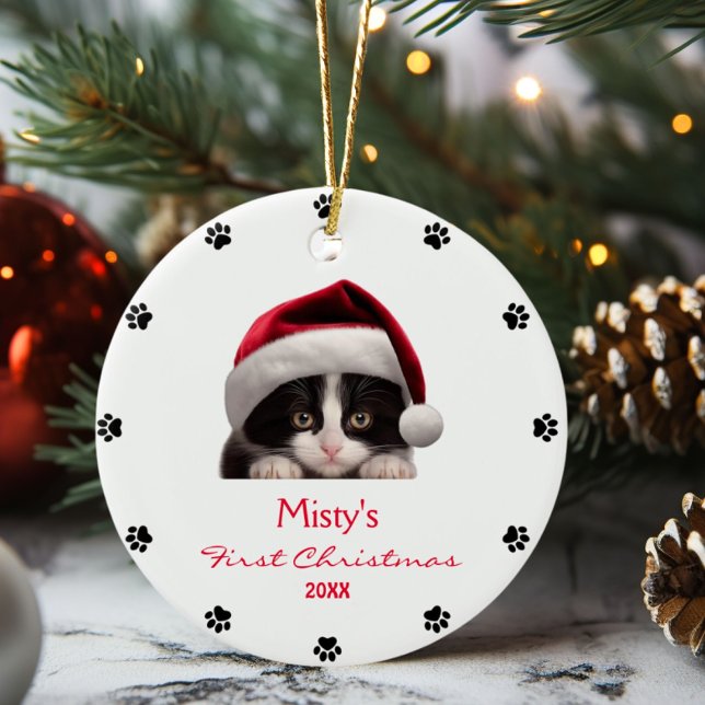 Cute Tuxedo Cat Santa Hat Paw Print Personalised  Ceramic Ornament (Creator Uploaded)