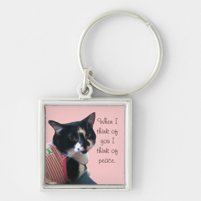Cute Tuxedo Cat Think of Peace Keychains (Front)
