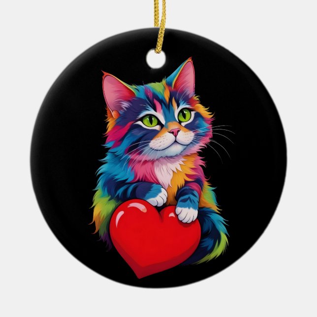 Cute Tuxedo Cat Valentine's Day Heart Cat Lover  Ceramic Ornament (Front)