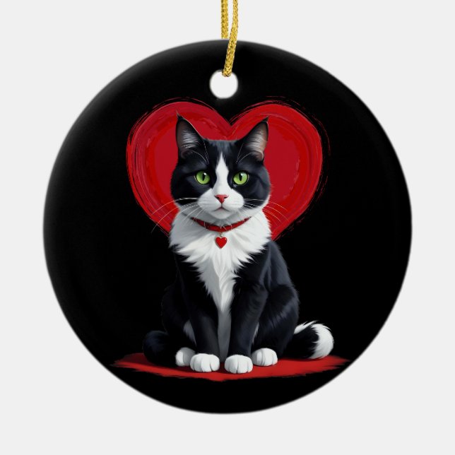 Cute Tuxedo Cat Valentine's Day Heart Cat Lover  Ceramic Ornament (Front)