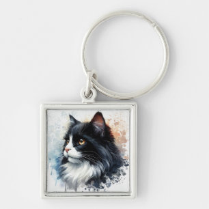 Cute Tuxedo Cat Watercolor Art Key Ring