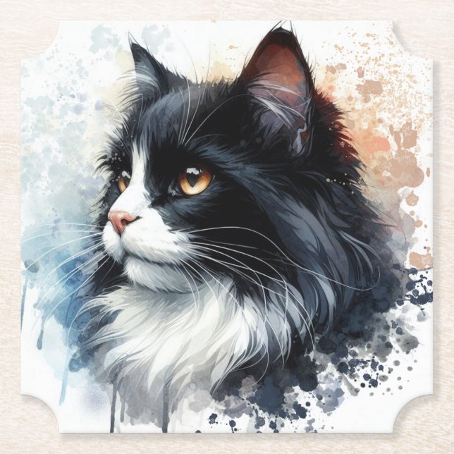 Cute Tuxedo Cat Watercolor Art Paper Coaster (Front)