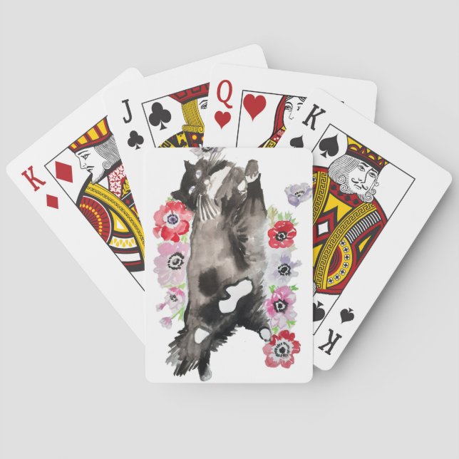 Cute Tuxedo cat Watercolor Playing Cards Set (Back)