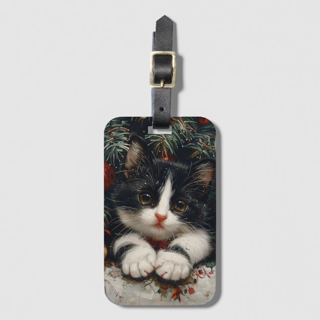 Cute Tuxedo Kitten Christmas Cat Art Luggage Tag (Front Vertical)