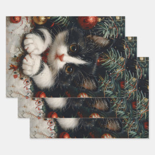 Cute Tuxedo Kitten Christmas Cat Art Wrapping Paper Sheet