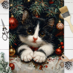 Cute Tuxedo Kitten Christmas Cat Decoupage Tissue Paper