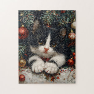 Cute Tuxedo Kitten Christmas Cat Jigsaw Puzzle