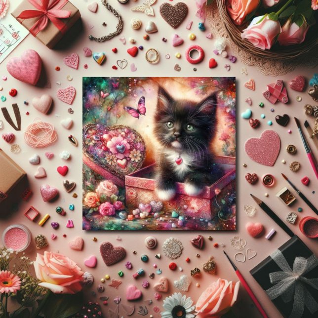 Cute Tuxedo Kitten Flowers Candy Hearts Valentine  Holiday Card (Creator Uploaded)