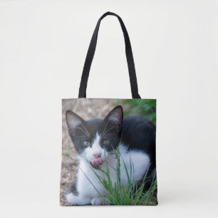 cute tuxedo kitten tote bag