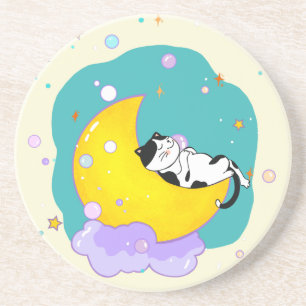 Cute Tuxedo Kitty Cat Sleeping On Moon Coaster