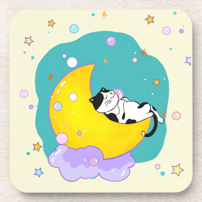 Cute Tuxedo Kitty Cat Sleeping On Moon Coaster (Front)