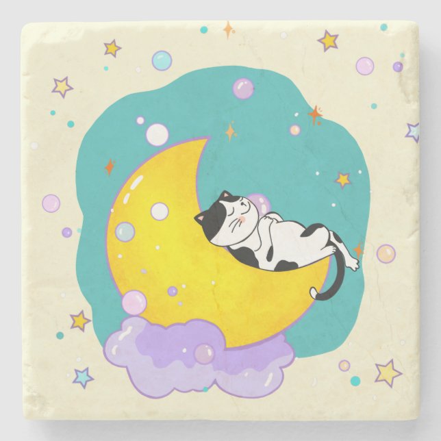 Cute Tuxedo Kitty Cat Sleeping On Moon Stone Coaster (Front)