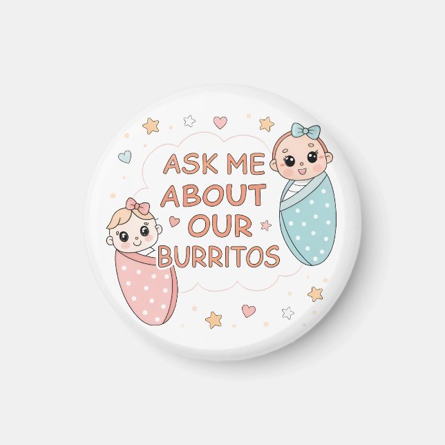 Cute Twin Baby Burrito Announcement Illustration Magnet (Front)