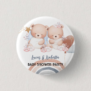 Cute twin bear star balloon baby shower party 3 cm round badge