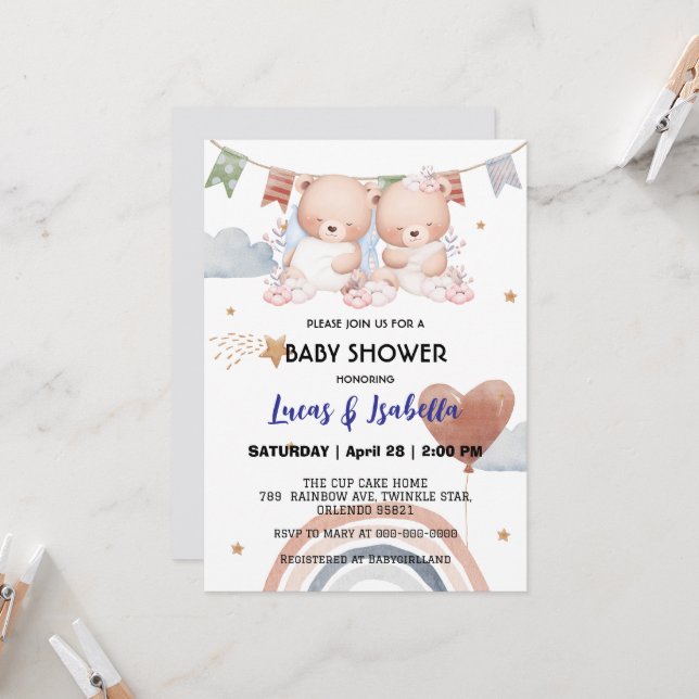Cute twin bear star balloon baby shower party invitation (Front/Back In Situ)