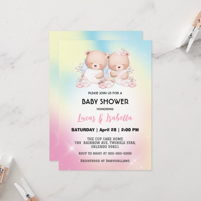 Cute twin bear star balloon baby shower party invitation (Front/Back In Situ)