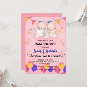Cute twin bear star balloon baby shower party invitation