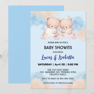 Cute twin bear star balloon baby shower party invitation