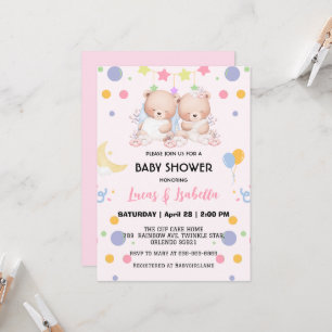Cute twin bear star balloon baby shower party invitation