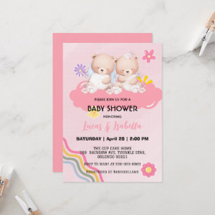 Cute twin bear star balloon baby shower party invitation