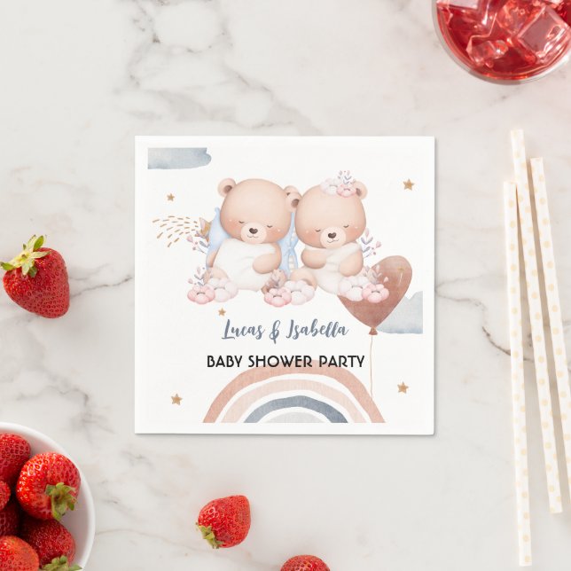 Cute twin bear star balloon baby shower party napkin (Insitu)