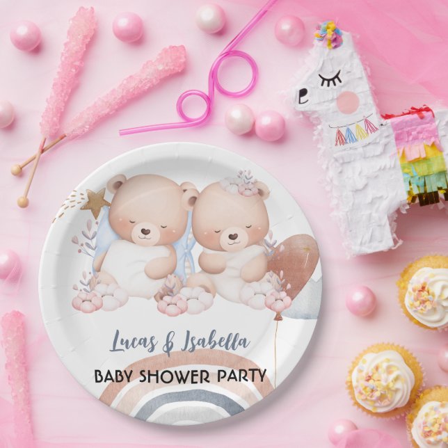 Cute twin bear star balloon baby shower party paper plate (Party)