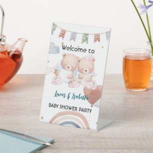 Cute twin bear star balloon baby shower party pedestal sign