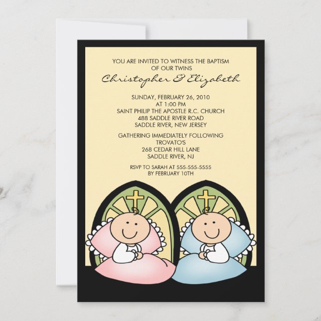 Cute Twin Boy & Girl Baptism Christening Inviation Invitation (Front)
