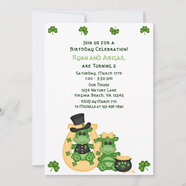 Cute Twin Boy & Girl Dragons Irish Birthday Invitation (Front)