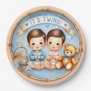 Cute Twin Boys Baby Shower Watercolor Teddy Bear Paper Plate